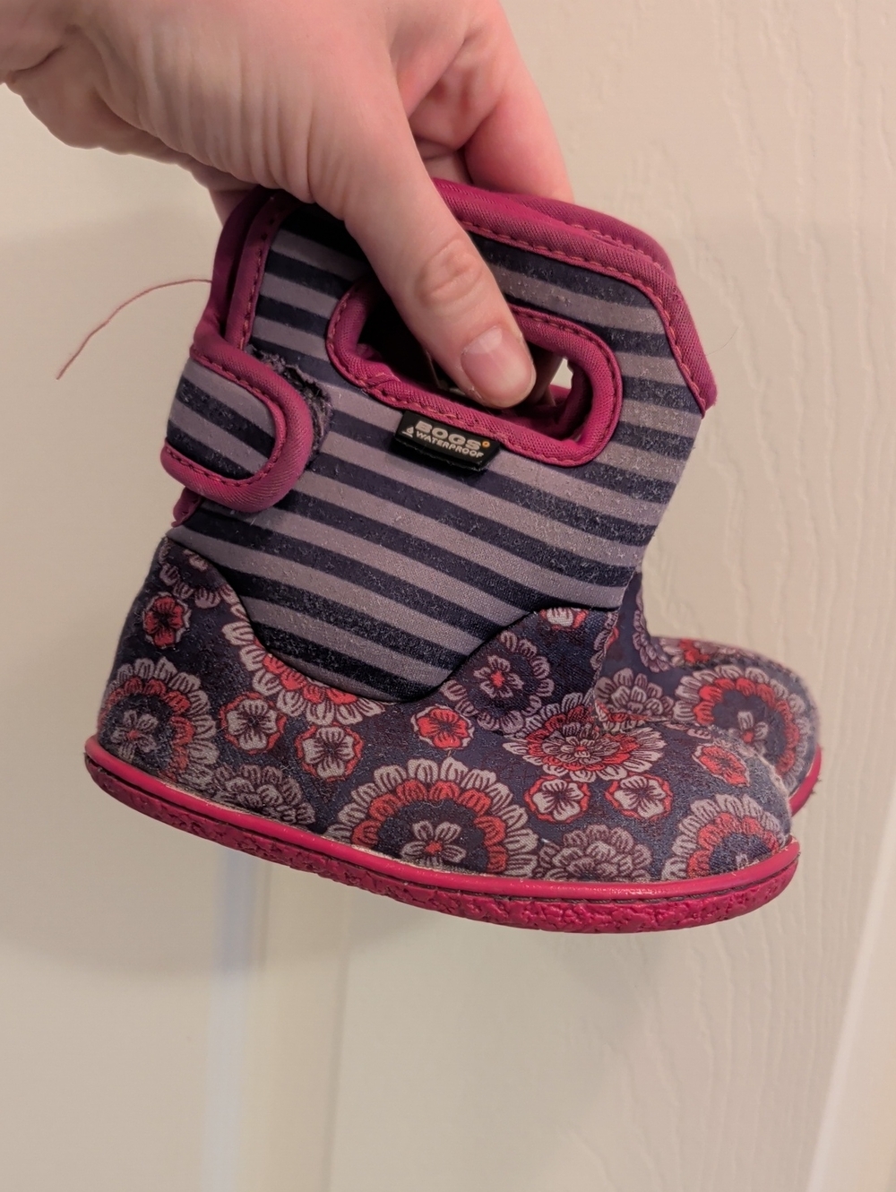 Bogs Toddler Winter Boots Kids Purple and Pink Floral Stripe Waterproof Boots